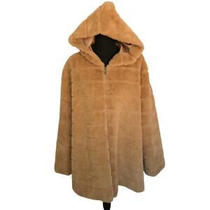 Tamsy Tan Faux Fur Coat Jacket Hooded Quilted Puffer Womens Plus 3X Hood Zip up